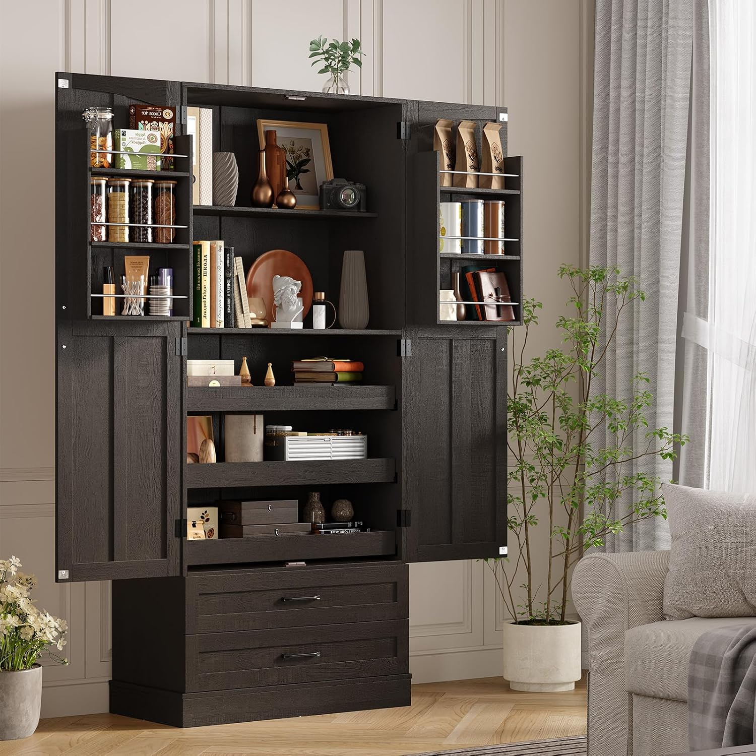 ONBRILL 71' Tall Farmhouse Kitchen Pantry Cabinet with 3 Pull Out Shelves & 2 Large Drawers, Pantry Storage Cabinet with 6 Door Shelf & Adjustable Shelf, Freestanding Cupboard for Kitchen, Dining Room