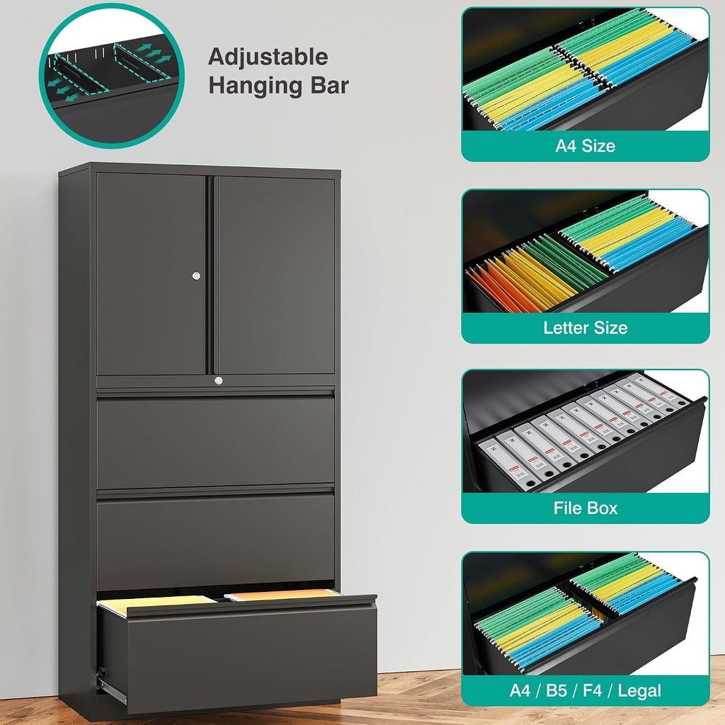 SISESOL 3 Drawer Lateral File Cabinet with Lock and Shelf,Black Metal Filling Cabinet with Drawers and Shelf, Locking File Storage Cabinets with Doors and Shelves for Home,Office,Garage,School