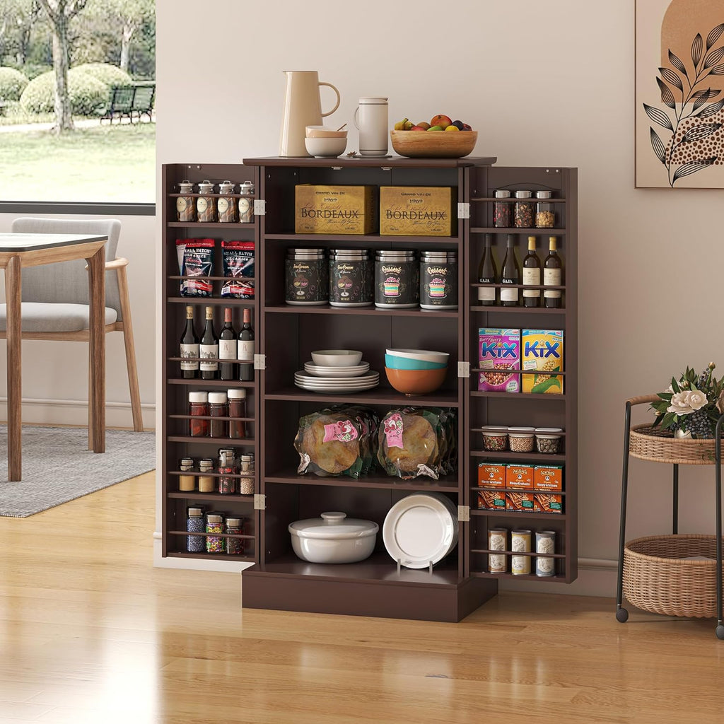 kepptory 47' Freestanding Kitchen Pantry Cabinet with Adjustable Shelves | Magnetic Doors & Anti-Tip Device, Storage Cupboard for Kitchen Laundry Living Room, Walnut