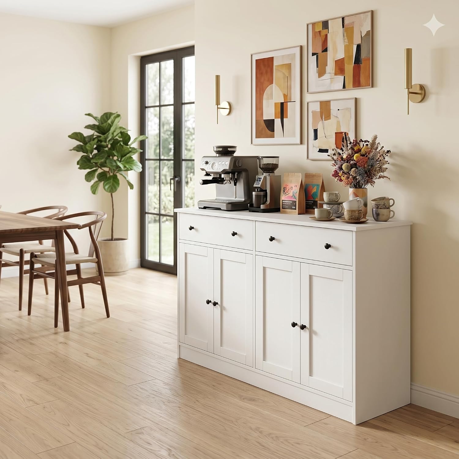 holzart 49' White Buffet Cabinet with Doors & Drawers, Modern Kitchen Storage Sideboard, Coffee Bar Console Table for Dining Room, Living Room, Entryway