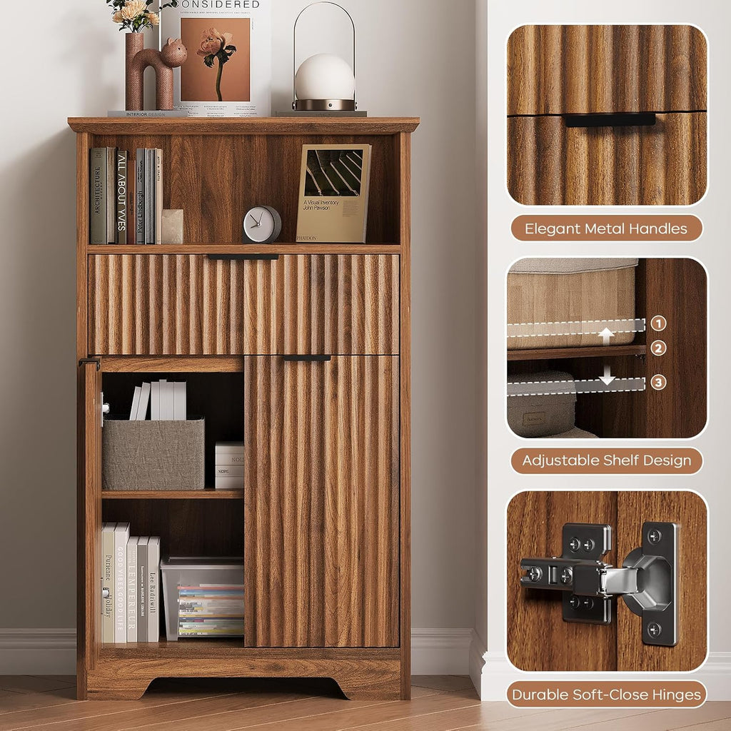 Fluted Buffet Cabinet with Storage, Modern Coffee Bar Cabinet with Drawer & Adjustable Shelf, Wood Sideboard Cabinet for Kitchen, Bathroom, Entryway and Living Room Walnut