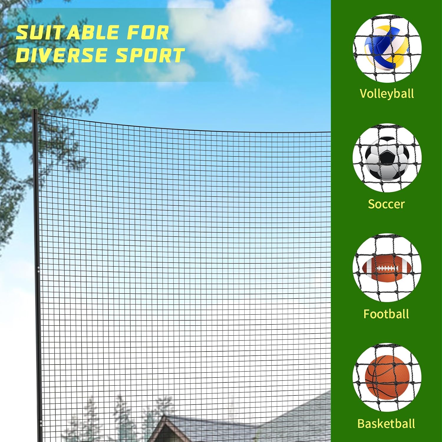 Soccer Ball Stop Netting for Backyard, Multi-Sport Backstop Net Systems with Post, Removable Soccer Net on Wheels, Basketball/Lacrosse Sport Barrier Net