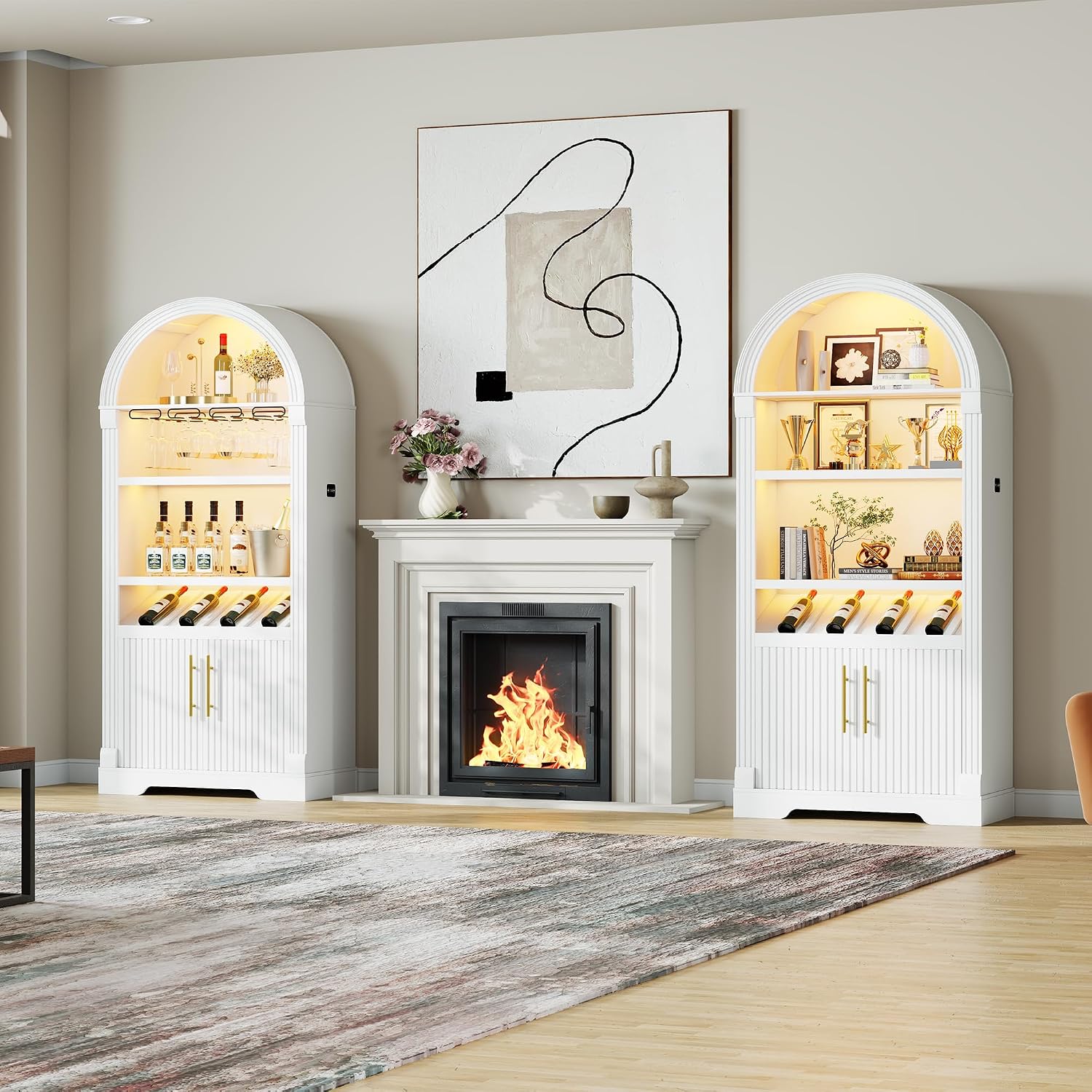 Vlsrka Arched Cabinet, Kitchen Pantry Cabinets with Open & Adjustable Shelves, Induction 3 Color Lights (White A)