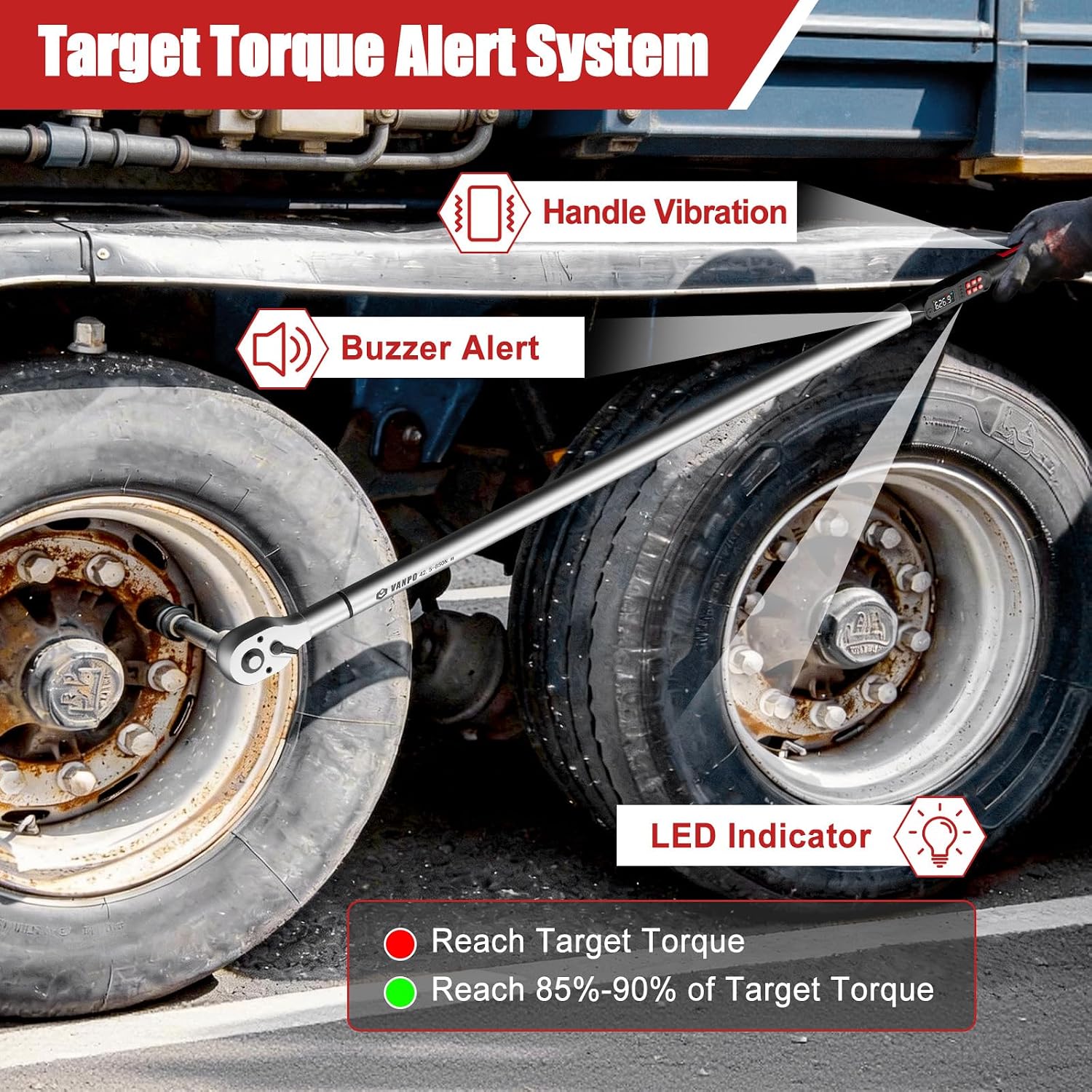 VANPO 3/4' Digital Torque Wrench 31–627 ft-lb, ±2% Accuracy Heavy Duty Electronic Torque Wrench with LED, Buzzer & Vibration Alert, Peak/Track Mode for Semi Truck, Diesel Mechanics & Fleet Maintenance