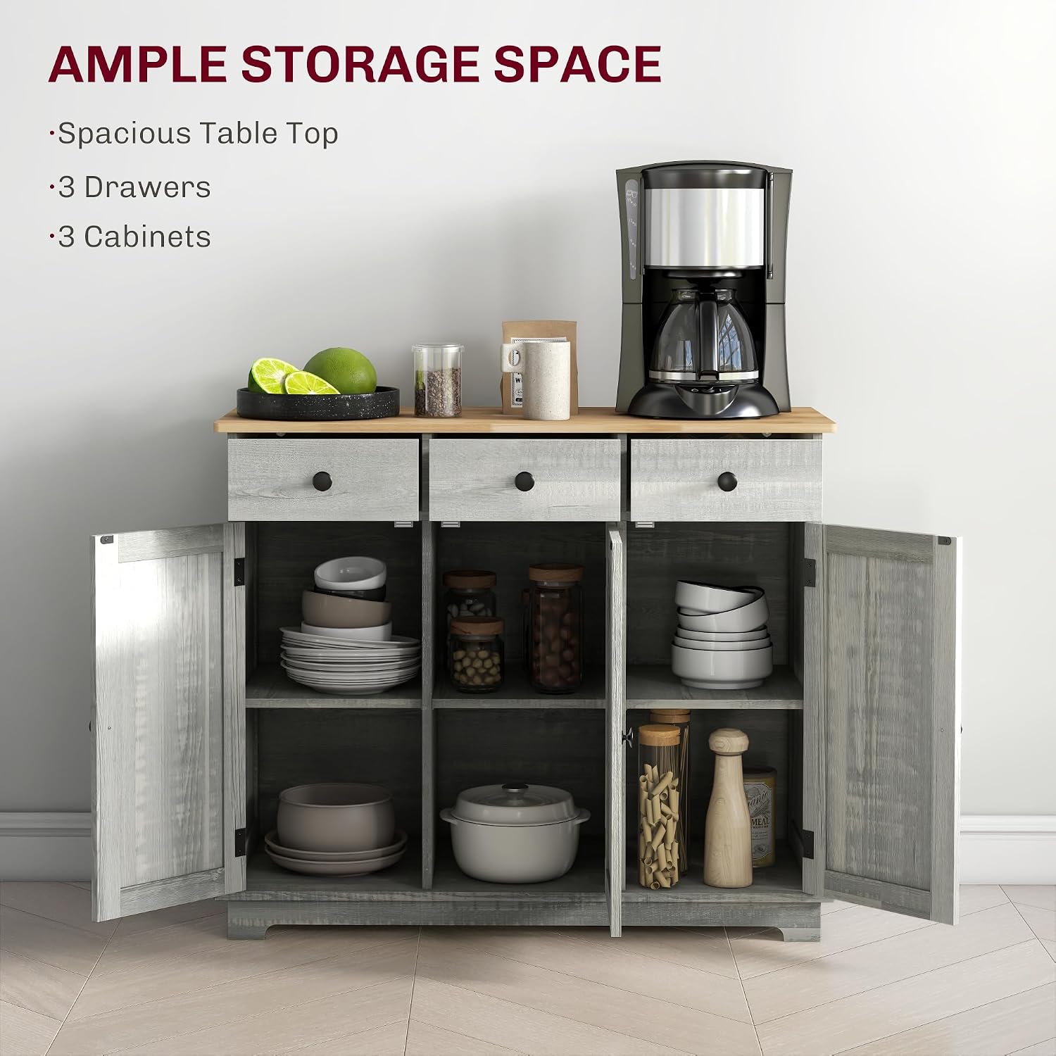 HOMCOM Sideboard Buffet Cabinet with Solid Wood Countertop, Modern Kitchen Storage Cabinet, Coffee Bar Cabinet with 3 Drawers, Doors and Adjustable Shelf, Distressed Light Gray