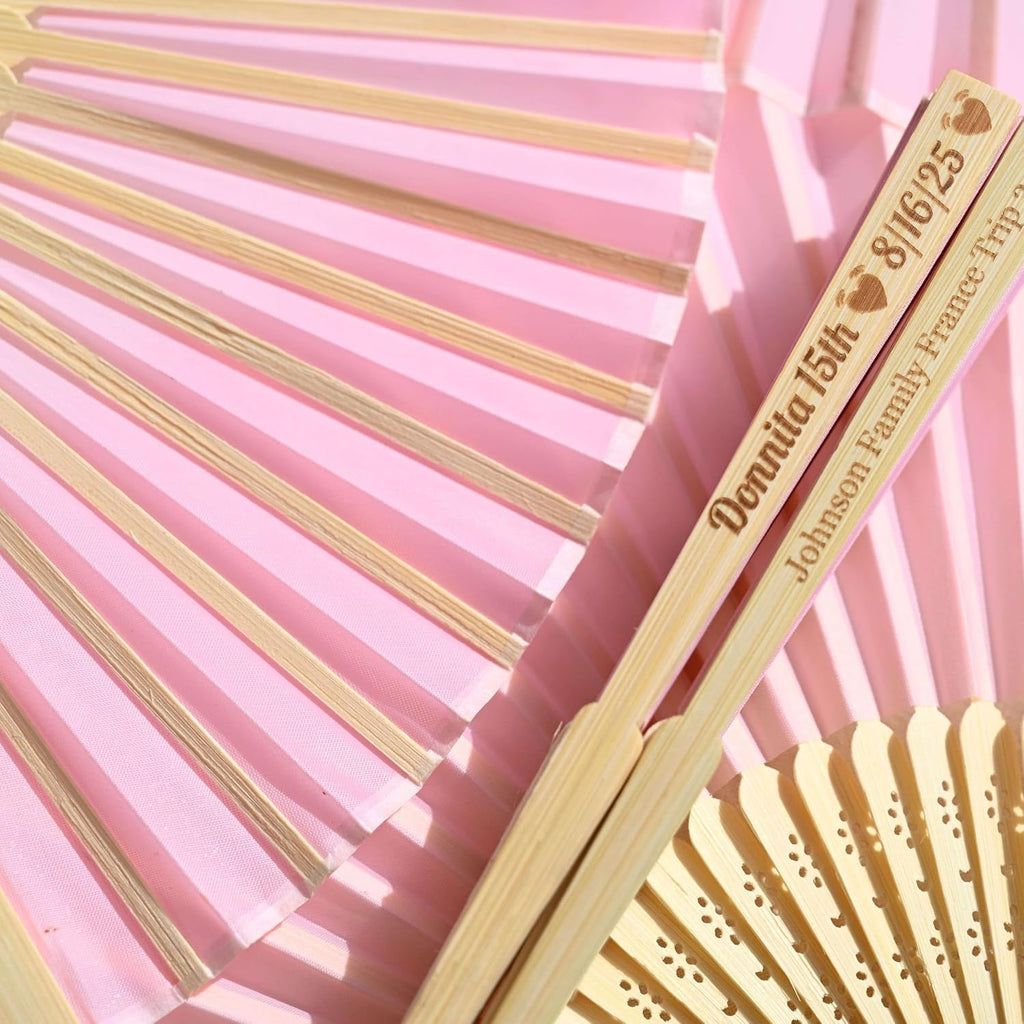 Custom Pink Silk Wedding Fans for Guests -70pcs Personalized Engraved Summer Wedding Fans,Bachelor Party Favor Bridal Shower Gift (Pink)