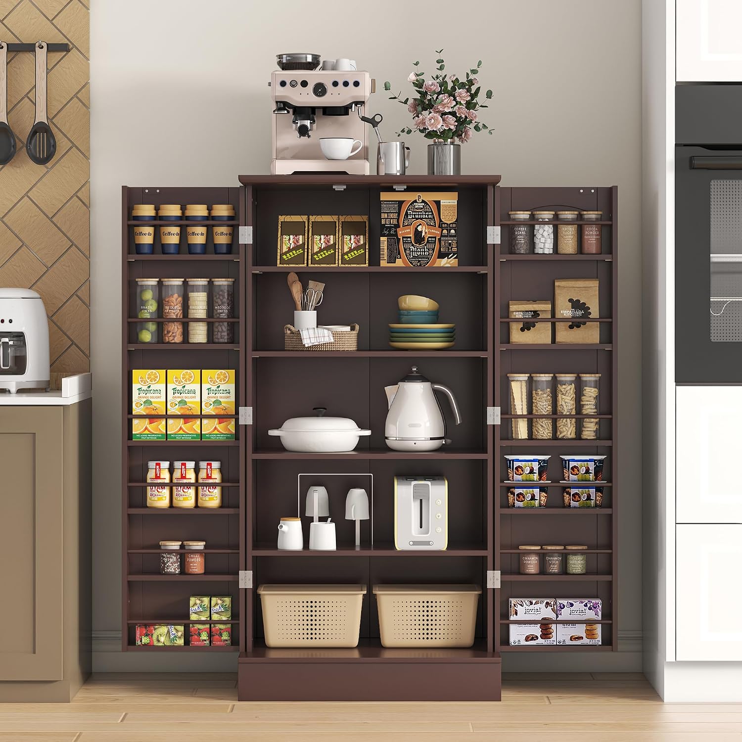 kepptory 47' Freestanding Kitchen Pantry Cabinet with Adjustable Shelves | Magnetic Doors & Anti-Tip Device, Storage Cupboard for Kitchen Laundry Living Room, Walnut