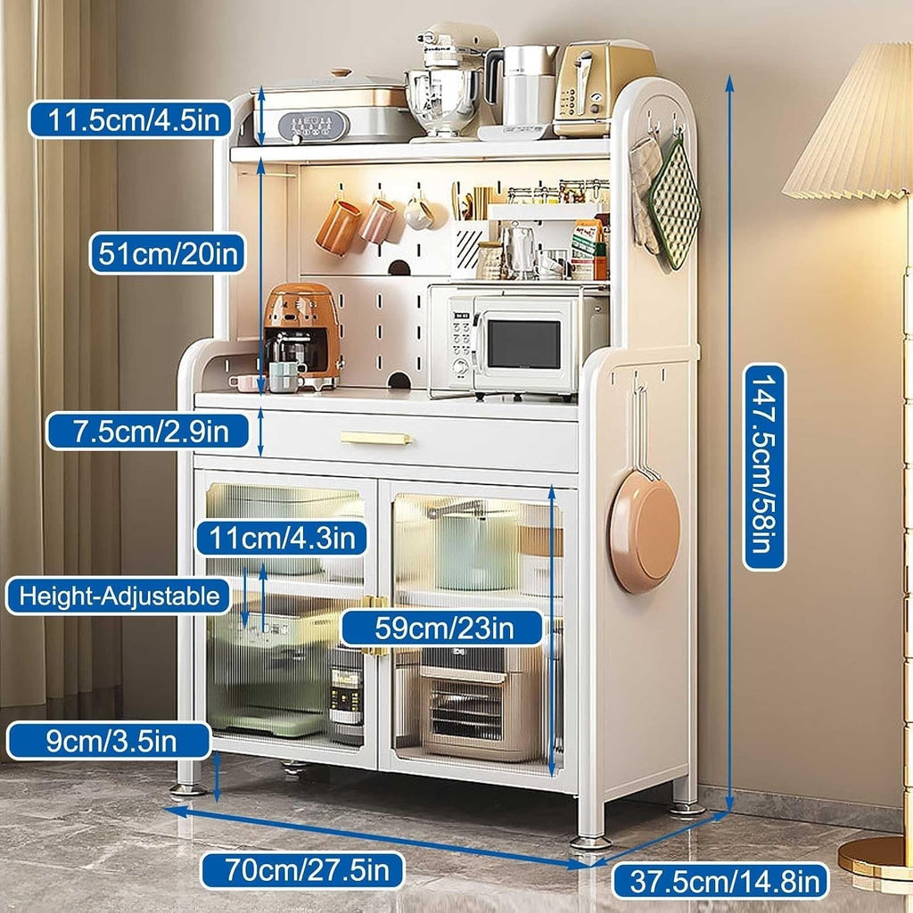 5-Tier Black Kitchen Bakers Rack with Adjustable Shelves, Drawer, Pegboard & Microwave Stand – Free Standing Utility Storage Cabinet, 147.5×80cm(White,147.5x70cm/58x27.5in)