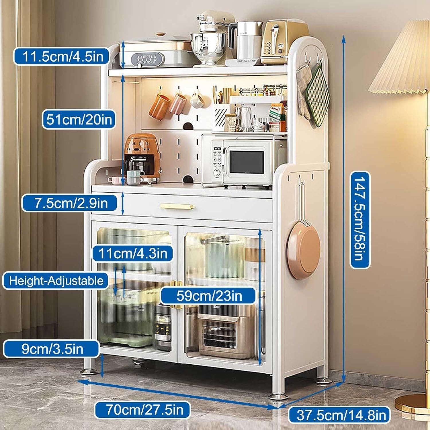 5-Tier Black Kitchen Bakers Rack with Adjustable Shelves, Drawer, Pegboard & Microwave Stand – Free Standing Utility Storage Cabinet, 147.5×80cm(White,147.5x70cm/58x27.5in)