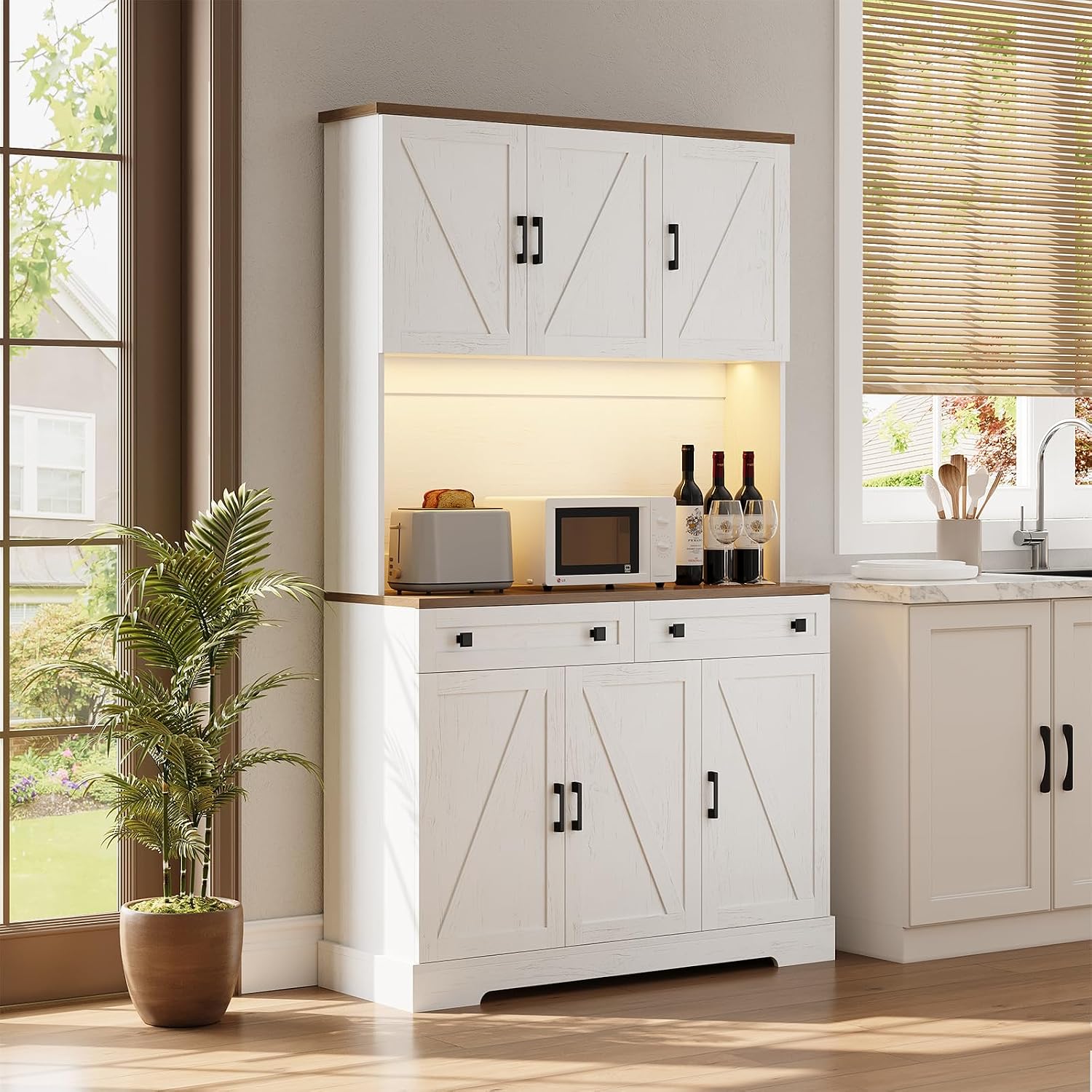 ELYKEN 71' Kitchen Pantry Cabinet with Charging Station & LED Lights, Tall Kitchen Storage Cabinet with Hutch, Farmhouse Pantry with Door Shelf & Pull Out Shelf for Dining Room Kitchen, White