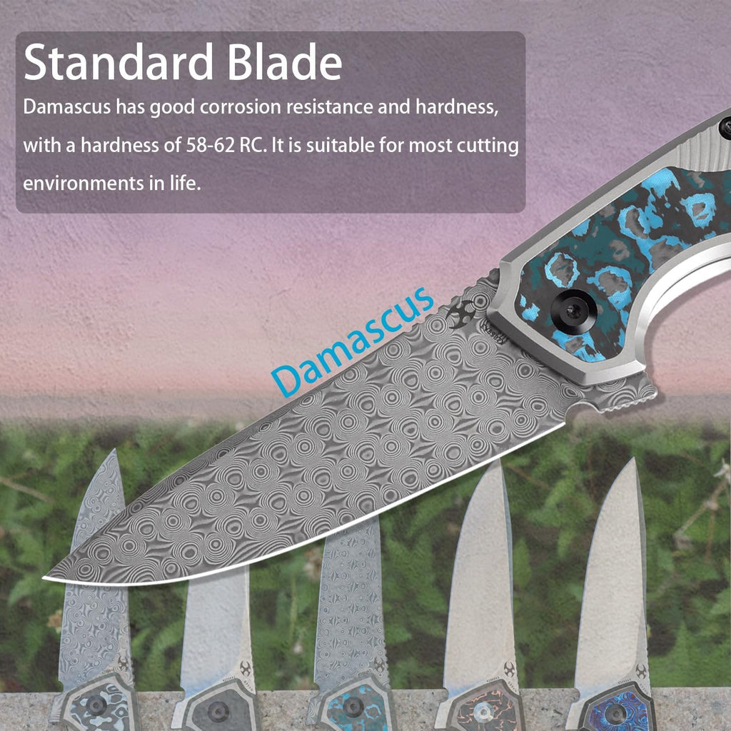 KANSEPT HAVØRN Pocket Folding Knives for Men Women Camping Hiking Folding Knife 3.48'' Damascus Blade Material Pocke Knife with Titanium Arctic Storm Fat Carbon Handle Everyday Carry K1069A3
