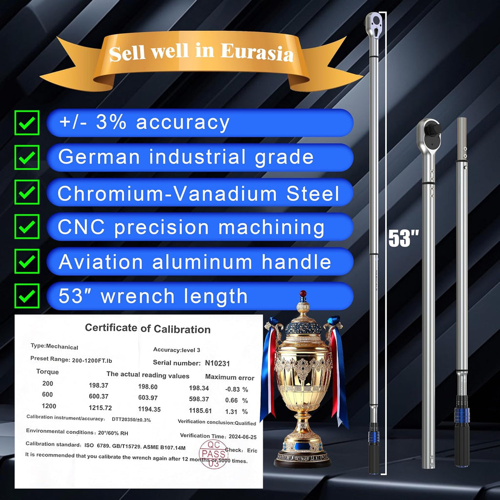 1'' 200-1200 Ft Lb Torque Wrench Heavy Duty, Dual Direction, High hardness, Long lifetime, Stored In a Solid Case
