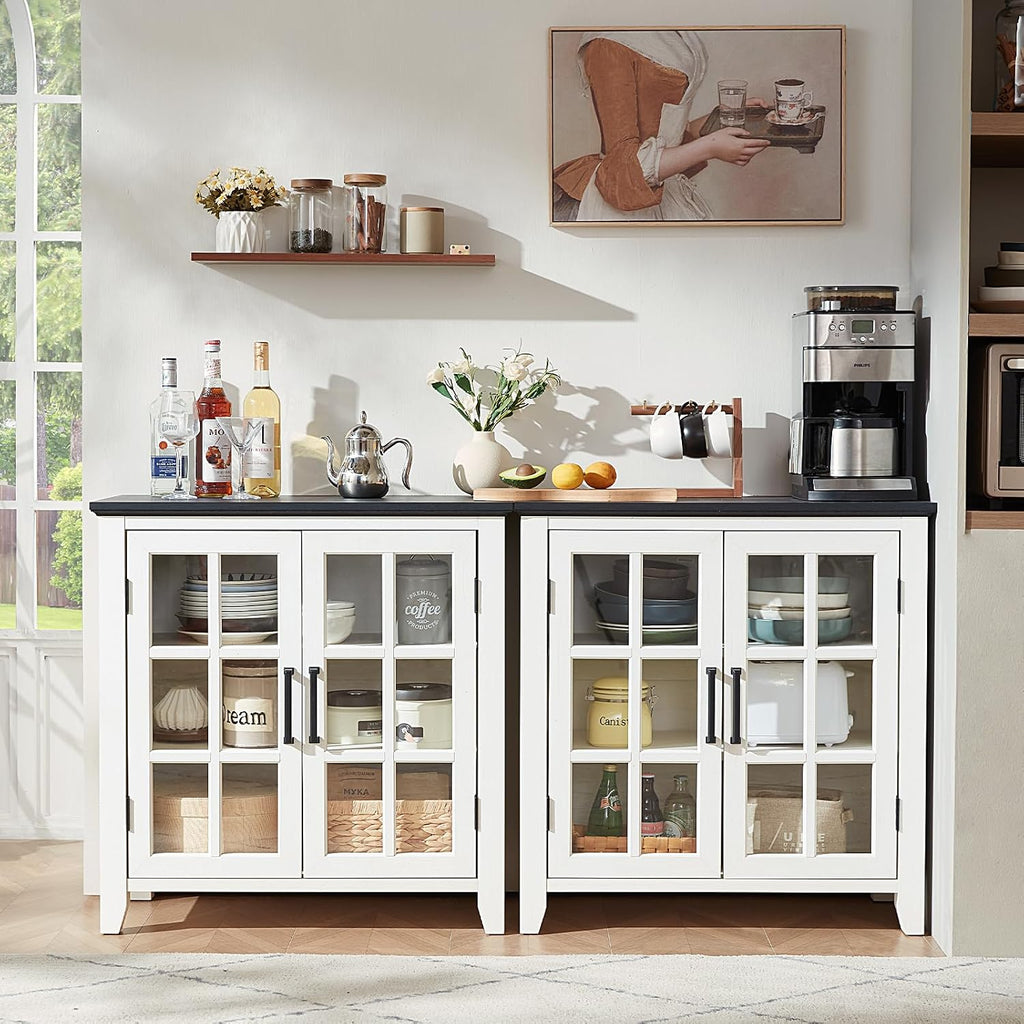 Joaxswe Sideboard Buffet Cabinet with Storage, 32' Farmhouse Kitchen Coffee Wine Bar Cabinet with 2 Glass Doors, Wood Mid Century Modern Side Board Table for Dining Room, Living Room, White