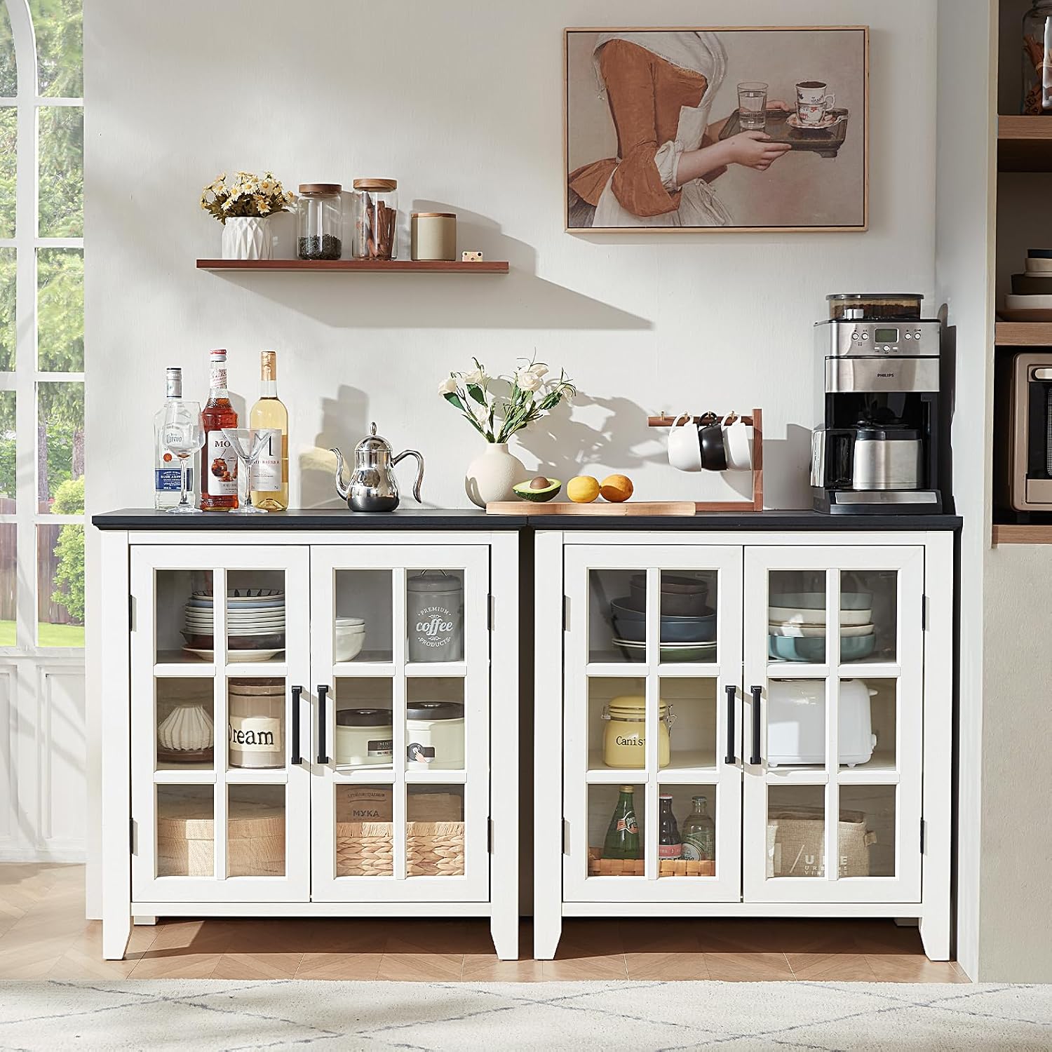 Joaxswe Sideboard Buffet Cabinet with Storage, 32' Farmhouse Kitchen Coffee Wine Bar Cabinet with 2 Glass Doors, Wood Mid Century Modern Side Board Table for Dining Room, Living Room, White