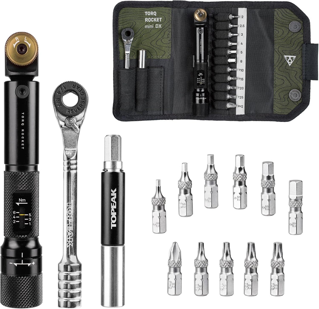 Topeak Torq Rocket MiniX Torque Wrench – 1–6 Nm Adjustable Ratcheting Bike Tool with 11 Bits, Tire Lever & Carry Case – Compact Precision Torque Wrench for Road, MTB & Gravel Bikes | bike-hand-tools
