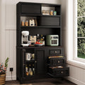 BLANKSPACE 71' Tall Kitchen Pantry Cabinet with Microwave Shelf Built-in Charging Station, Black Sliding Door Cabinet with Drawer Storage Organizer/Adjustable Shelves for Dining Room, Living Room