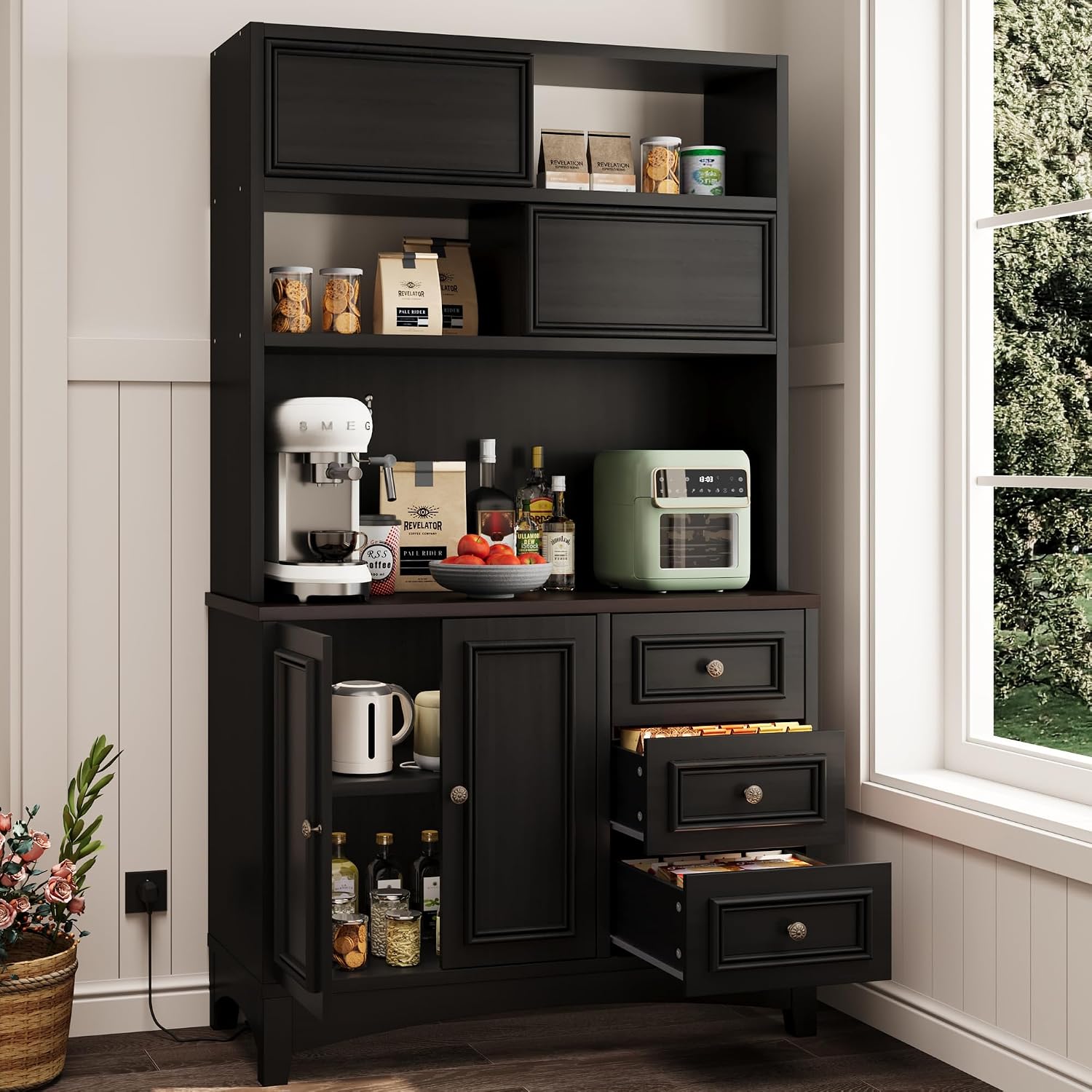 BLANKSPACE 71' Tall Kitchen Pantry Cabinet with Microwave Shelf Built-in Charging Station, Black Sliding Door Cabinet with Drawer Storage Organizer/Adjustable Shelves for Dining Room, Living Room