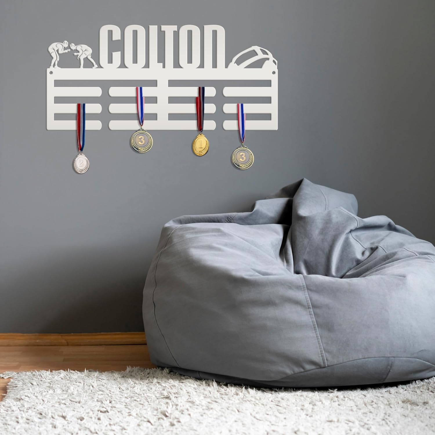 Medal Holder, Custom Wrestling Wall Decor, Personalized Wall Display With Name, Metal Awards Sports Memorabilia, Hanging Ribbon Rack (30 x 17 inches)