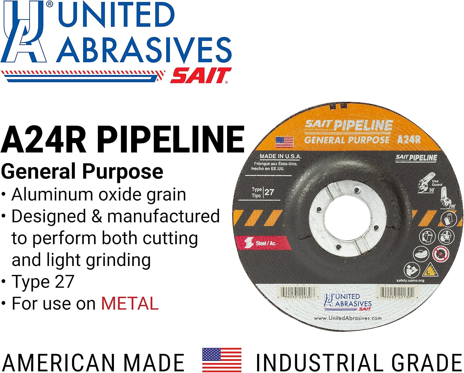 United Abrasives-SAIT 22007 A24R General Purpose Pipeline Wheel (Type 27 Depressed Center) 4' x 1/8' x 3/8', 25-Pack