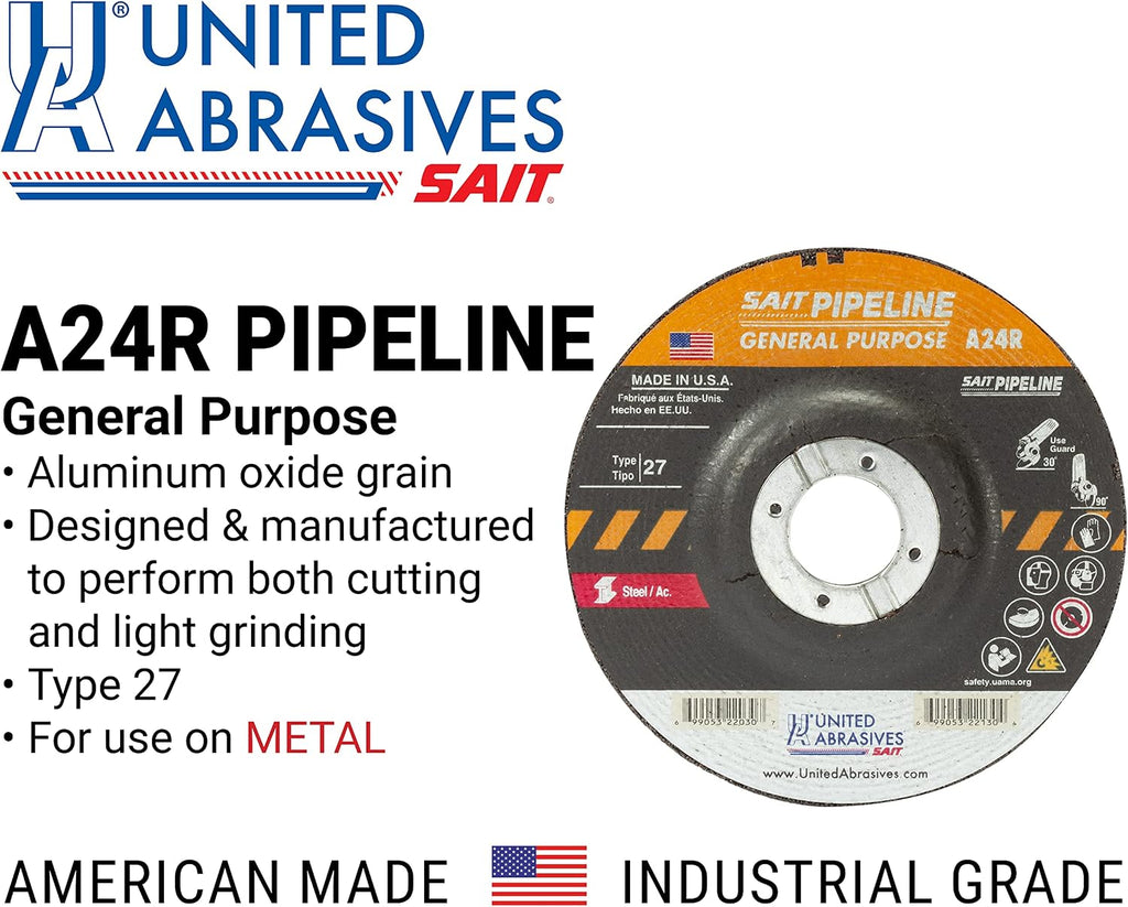 United Abrasives-SAIT 22015 A24R General Purpose Pipeline Wheel (Type 27 Depressed Center) 4' x 1/8' x 5/8', 25-Pack