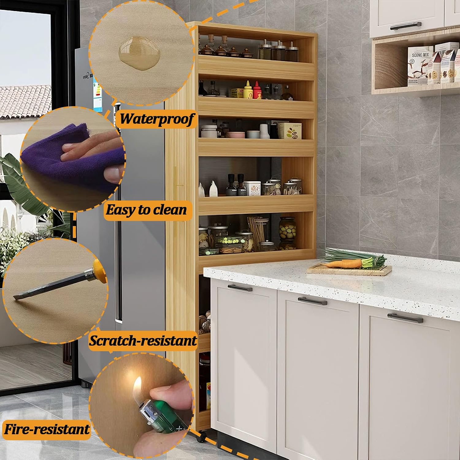 7-Tier Slim Storage Cart, Wooden Rolling Pantry Cabinet with Wheels, Narrow Shelf Organizer for Kitchen, Bakers Rack, Dining Room, Closet,White,D19.7 xW7.9 xH73.2