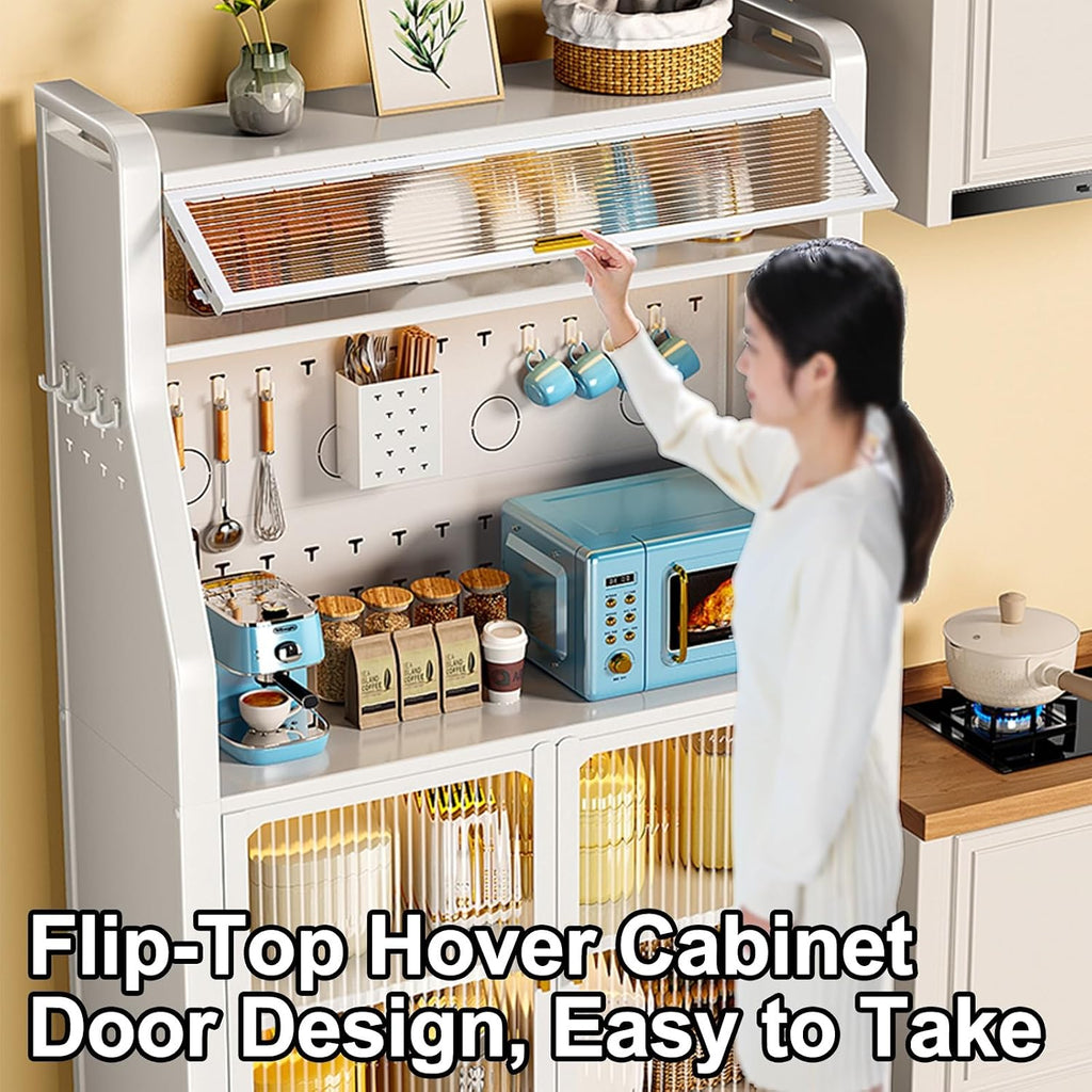 White Bakers Rack with Doors | Free Standing Kitchen Cabinet | Dual Door Microwave Storage | Stylish Baker's Rack for Hallway | Space-Saving Kitchen Organizer (86cm/34in)