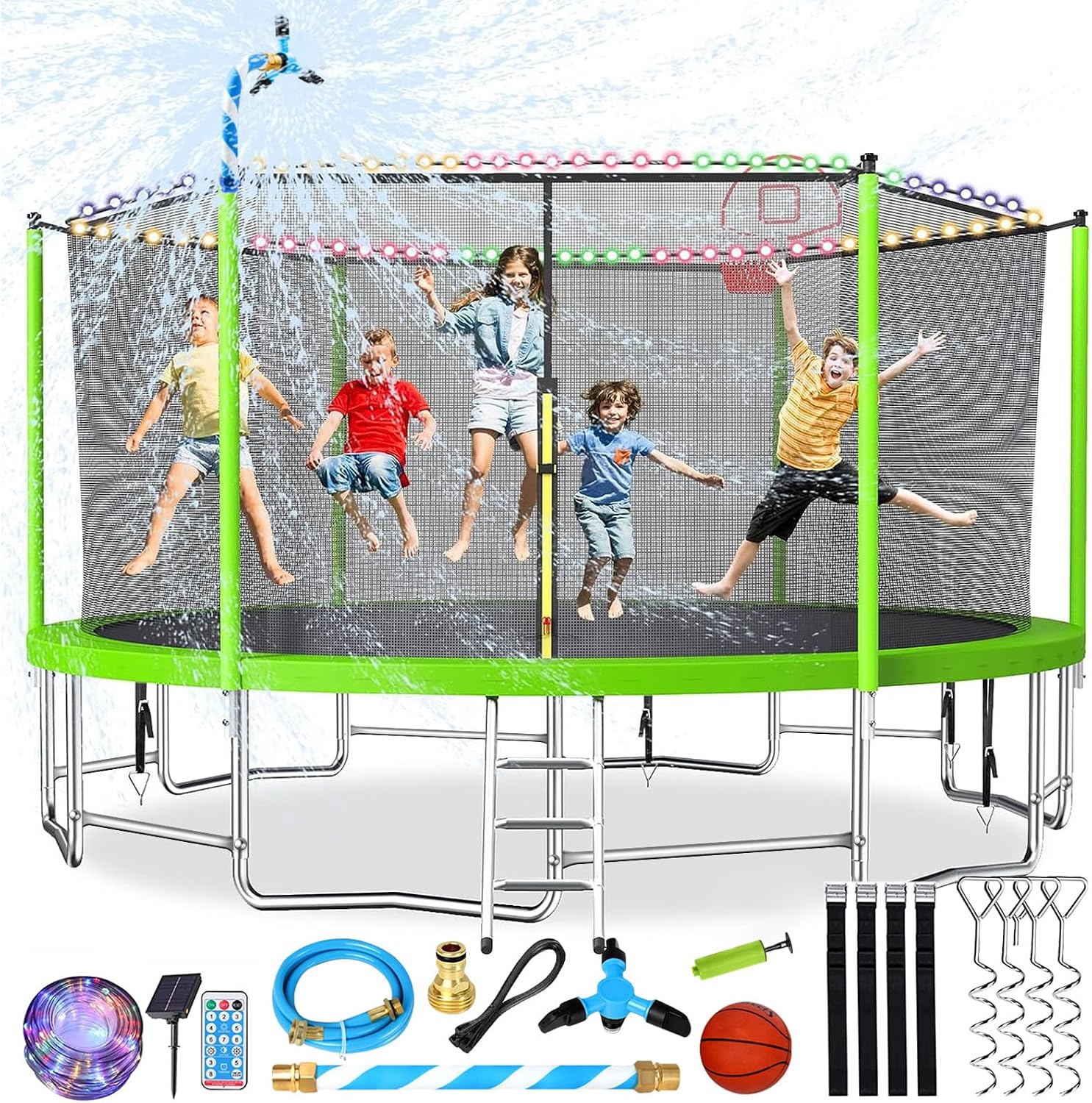 Lyromix Upgraded Trampoline with Lights, Large Outdoor Trampoline with Sprinkler,Basketball Hoop and Net, Capacity for 5-8 Kids and Adults