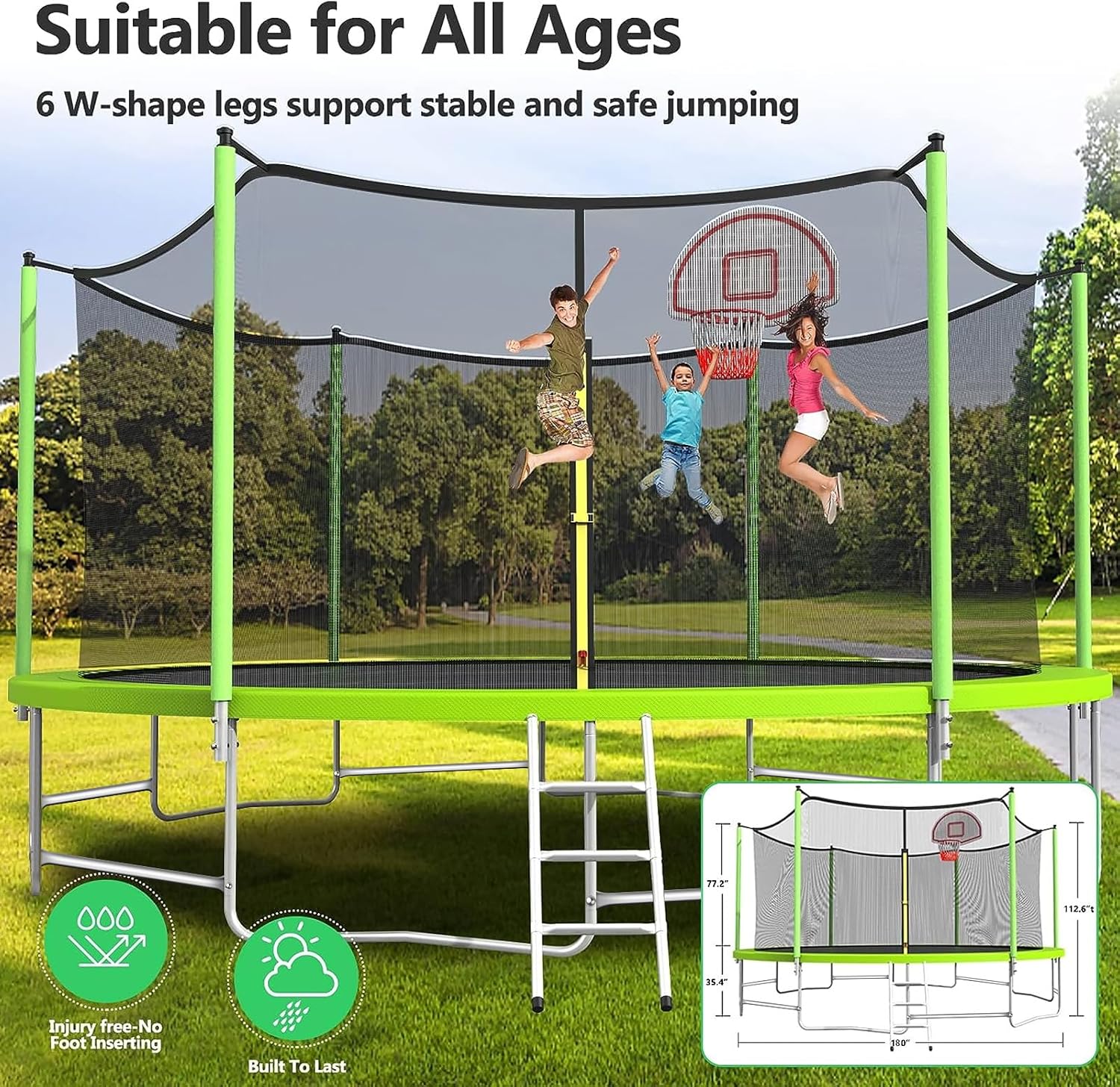 Lyromix Upgraded 16FT 15FT 14FT 12FT 10FT 8FT Trampoline Outdoor with Basketball Hoop and Net, Capacity for 4-6 Kids and Adults