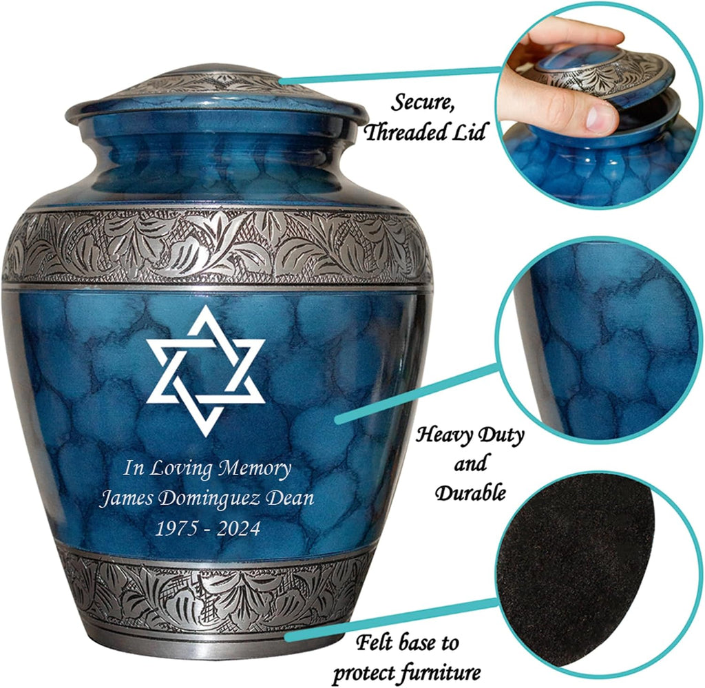 Star of David Blue Cremation Urn for Human Ashes, Jewish Cremation Urn, Religious Ash Urns with Personalized Engraving (Blue Fire)