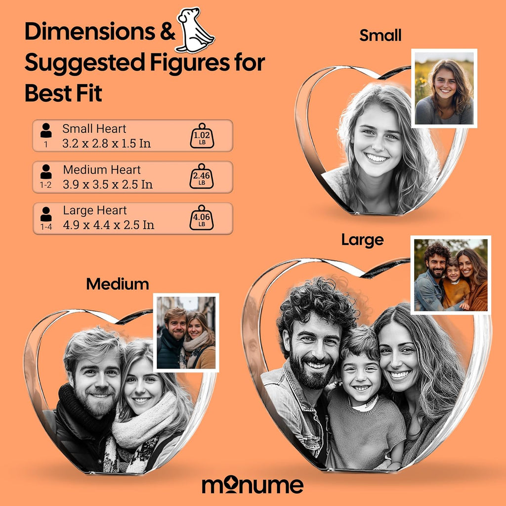 Monume 3D Crystal Heart (Medium) – Laser Engraved Personalized Crystal Photo Made from Clear-Cut Glass – Custom Photo Gifts for Weddings, Memorials, Anniversaries & More