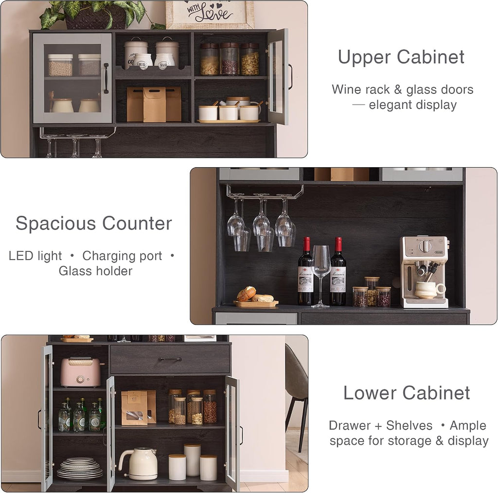 Fatmok 71' Tall Pantry Cabinet with Glass Doors, Kitchen Hutch Storage Cabinet, Coffee Bar & Liquor Cabinet with Charging Station & LED Lights, Wine Rack, Adjustable Shelves＆Large Drawer, Grey