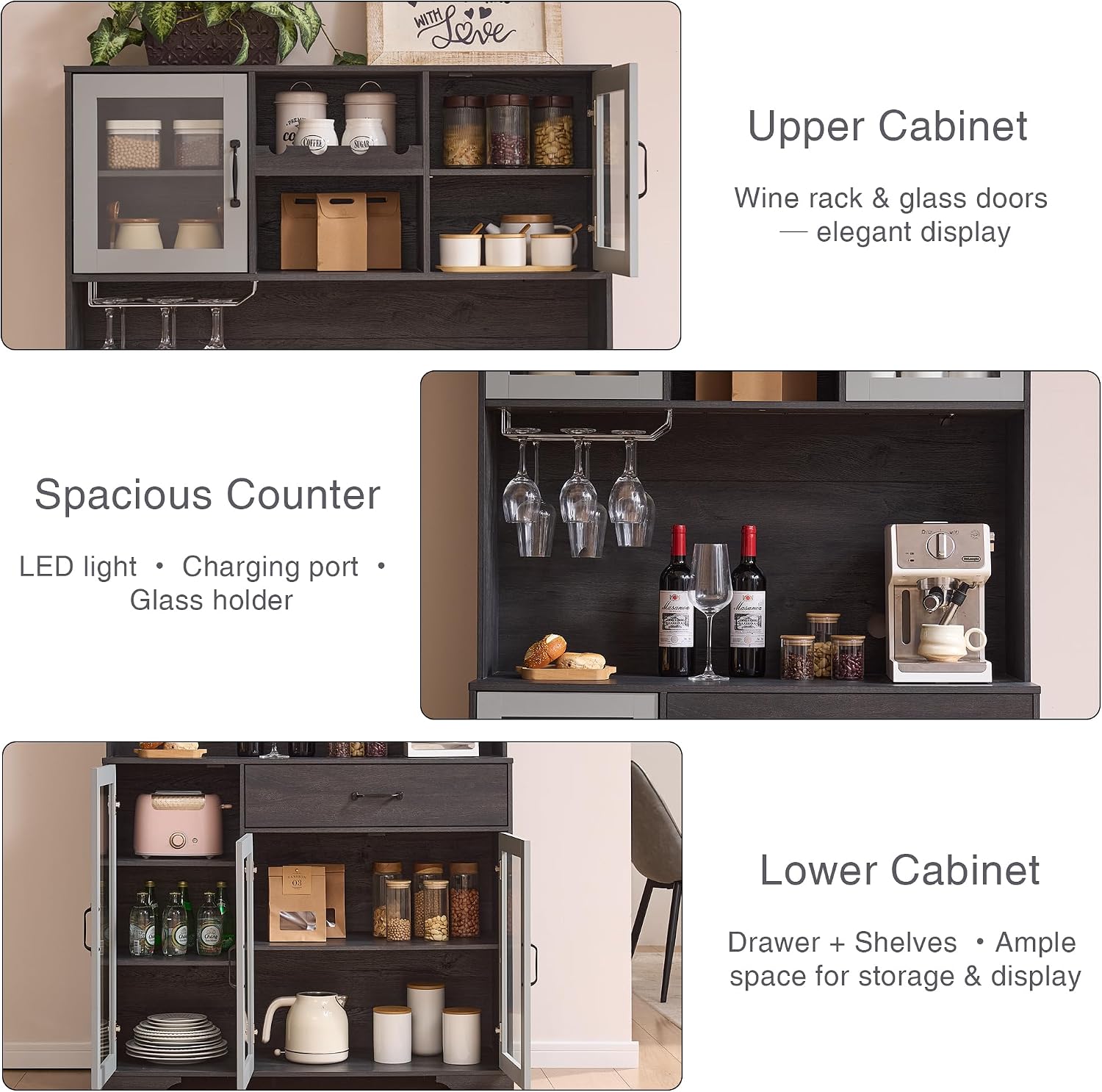 Fatmok 71' Tall Pantry Cabinet with Glass Doors, Kitchen Hutch Storage Cabinet, Coffee Bar & Liquor Cabinet with Charging Station & LED Lights, Wine Rack, Adjustable Shelves＆Large Drawer, Grey