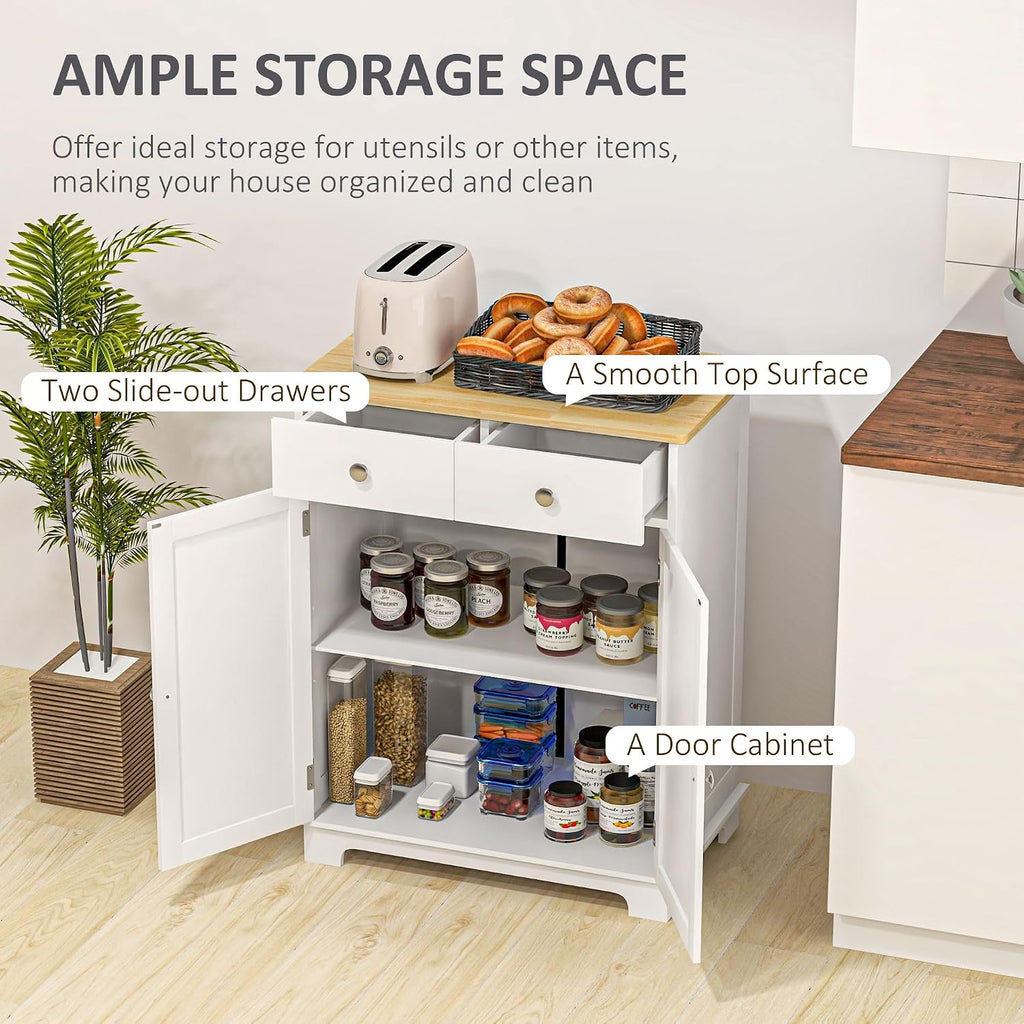 HOMCOM Sideboard Buffet Cabinet with Solid Wood Countertop, Modern Kitchen Storage Cabinet, Coffee Bar Cabinet with 2 Drawers, Doors and Adjustable Shelf, Distressed White
