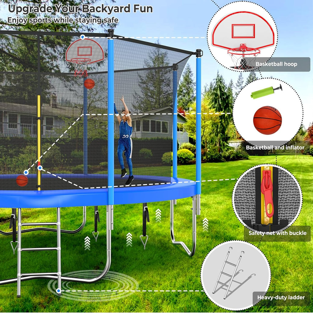 Lyromix Upgraded 16FT 15FT 14FT 12FT 10FT 8FT Trampoline Outdoor with Basketball Hoop and Net, Capacity for 4-6 Kids and Adults