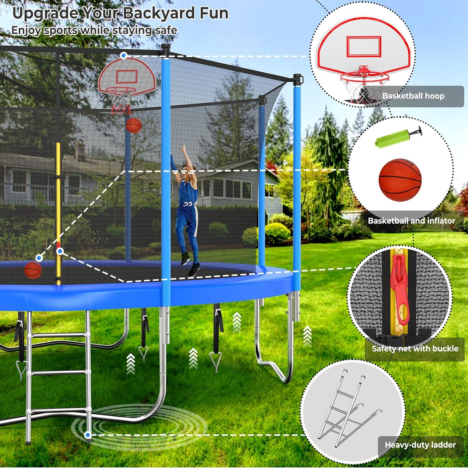 Lyromix Upgraded Trampoline with Lights, Large Outdoor Trampoline with Sprinkler,Basketball Hoop and Net, Capacity for 5-8 Kids and Adults