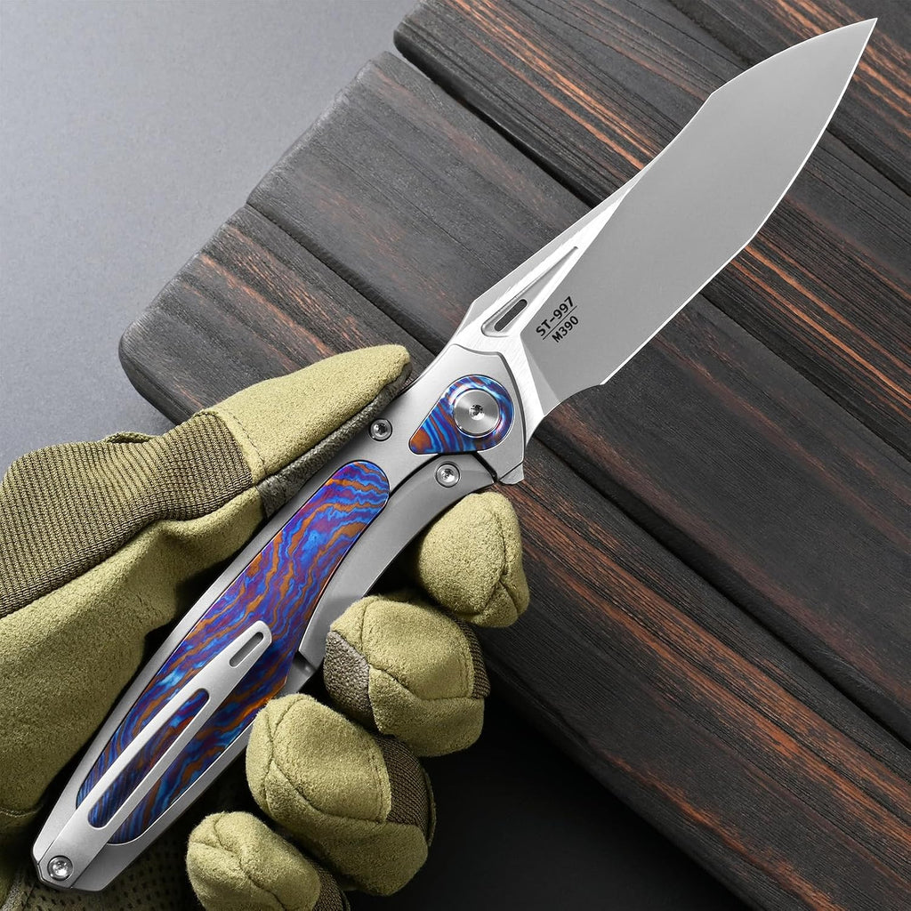 Sitivien ST997 Folding Knife,Handmade M390 Pearlescent Brushed Steel Blade,Titanium Carbon Fiber Handle EDC Knife for Outdoor Camping Hiking Survival Travel (Timascus)