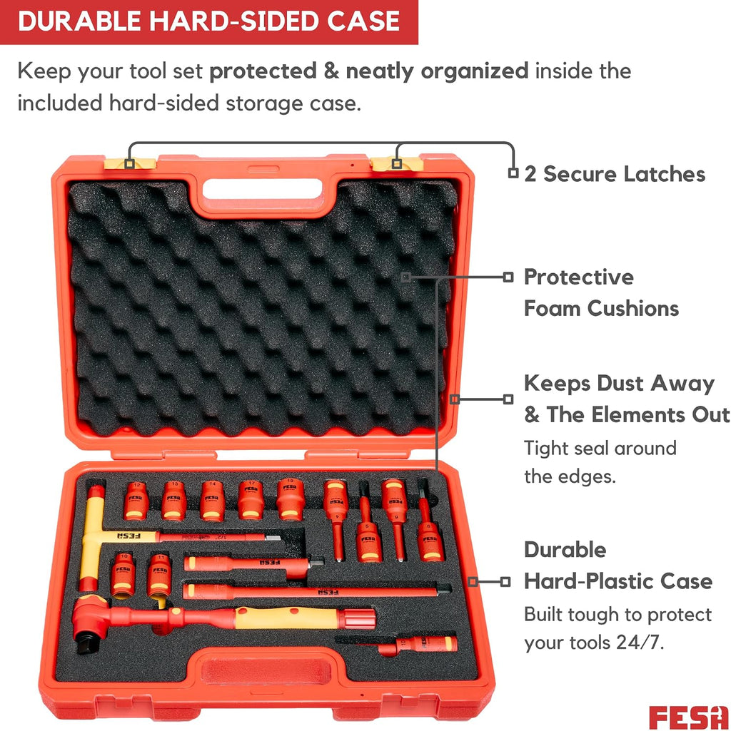 FESA Insulated Torque Socket Set - 16-Piece 1000V Insulated Tool Set w/ 1/2' Drive Insulated Torque Wrench (10-50 Nm), 7 Metric Sockets, 5 Hex Bit Sockets, 2 Extension Bars, T-Handle & Protective Case