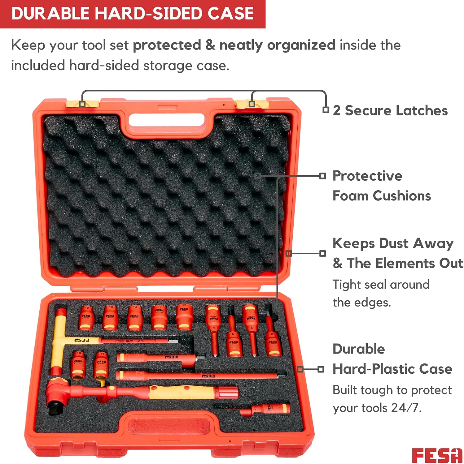 FESA Insulated Torque Socket Set - 16-Piece 1000V Insulated Tool Set w/ 1/2' Drive Insulated Torque Wrench (10-50 Nm), 7 Metric Sockets, 5 Hex Bit Sockets, 2 Extension Bars, T-Handle & Protective Case