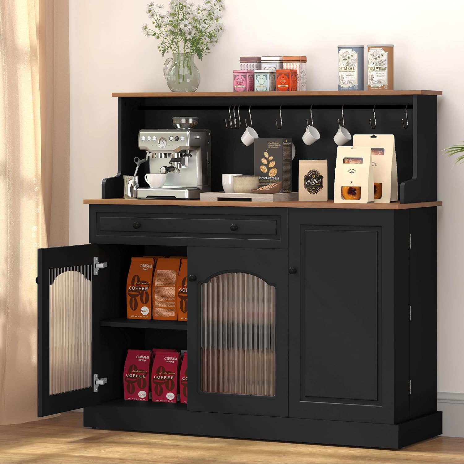 ARTPOWER Farmhosue Coffee Bar Cabinet with Hutch - 48' Modern Buffet Cabinet with Drawer Storage and Glass Doors,Wine Bar Table with Adjustable Shelves for Living Dining Room,Black