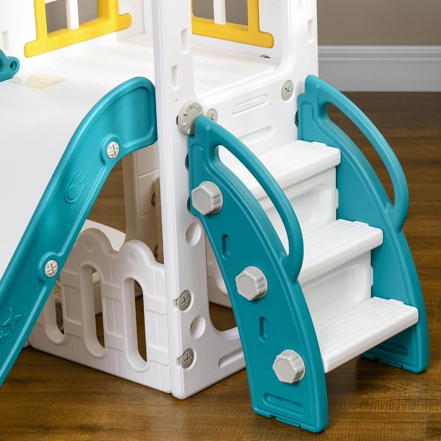 Qaba 6 in 1 Toddler Slide and Swing Set, Toddler Playground for Ages 1-3 Years with Basketball Hoop, Climber, Storage Space, Telescope, Indoor/Outdoor Playset, Yellow