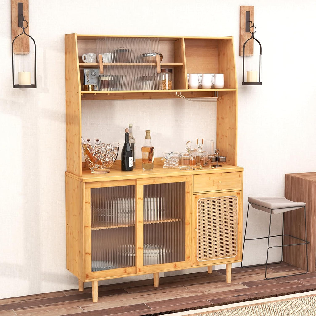Giantex Pantry Cabinet, 69' Bamboo Hutch Cabinet with Storage, Drawer, Microwave Countertop, Glass Holder, Freestanding Buffet Sideboard with Rattan Door, Tall Cupboard for Kitchen Coffee Bar