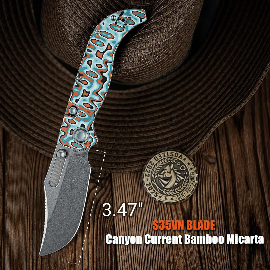 Vosteed Naga EDC Folding Pocket Knife - 3.47' S35VN Stonewash Blade - Top Liner Lock, Canyon Current Bamboo Micarta Handle - Camping, Hunting Knives - A3908