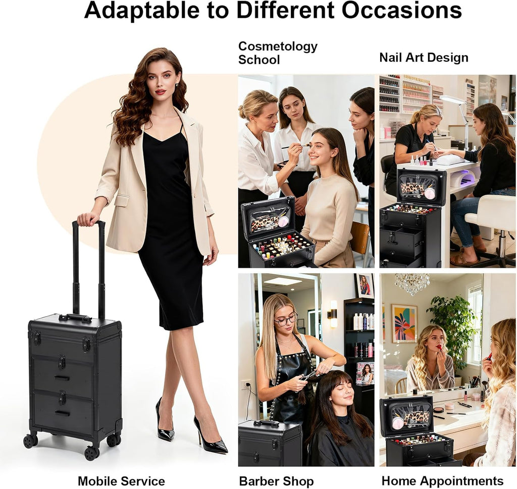 3 in 1 Rolling Makeup Case, Professional Cosmetology Case on Wheels with 2 Drawers, Ideal Gift for Hairstylist, Nail Techs, 3 Tiers Portable Beauty Organizer Case for Travel or Salon Use, Black
