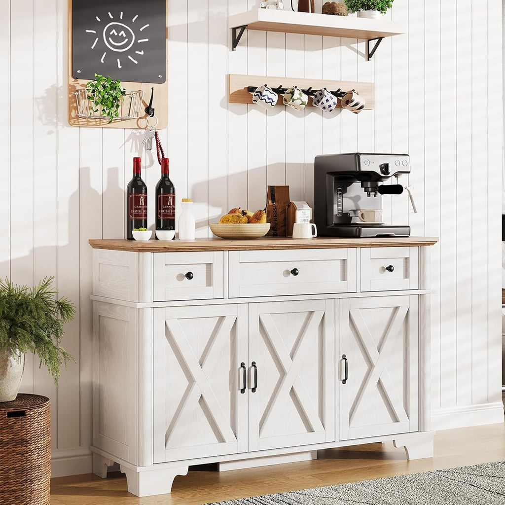 BestHaped Farmhouse Buffet Cabinet with Storage, White Sideboard Buffet Cabinet with Adjustable Shelves & 3 Drawers, Buffet Table Coffee Bar Wine Bar Storage for Kitchen & Living Room, 47inch