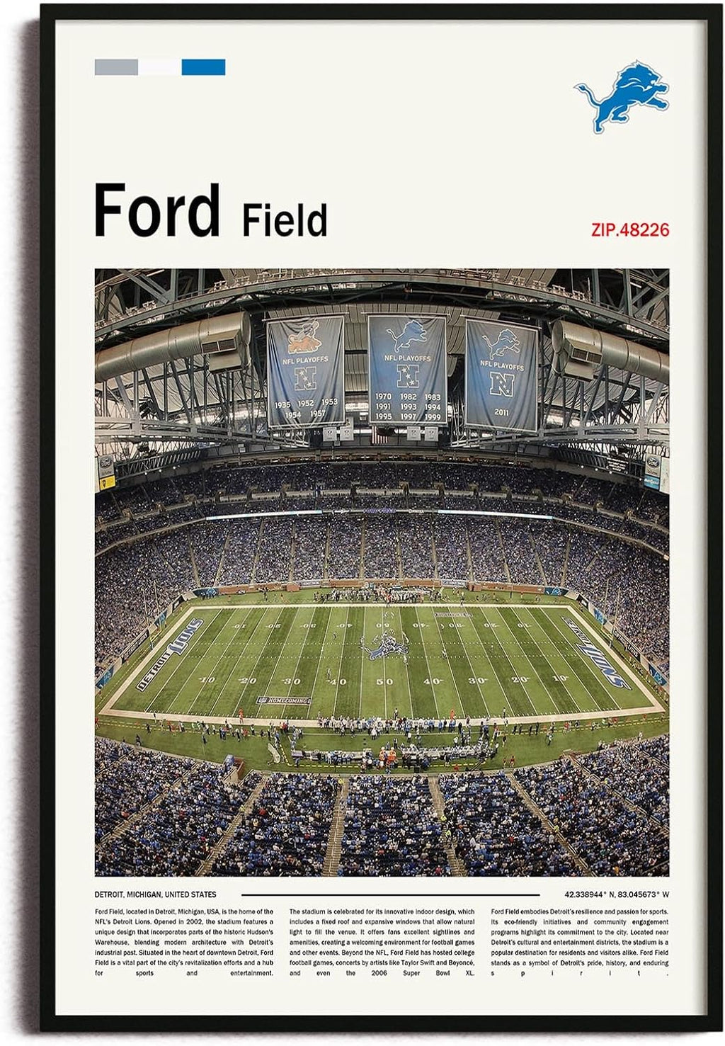 (Metal Frame 24'x36') FordField Canvas Print – Detroit Home Field Wall Art for Lions Fans, Sports poster for Game Room or Man Cave Decor