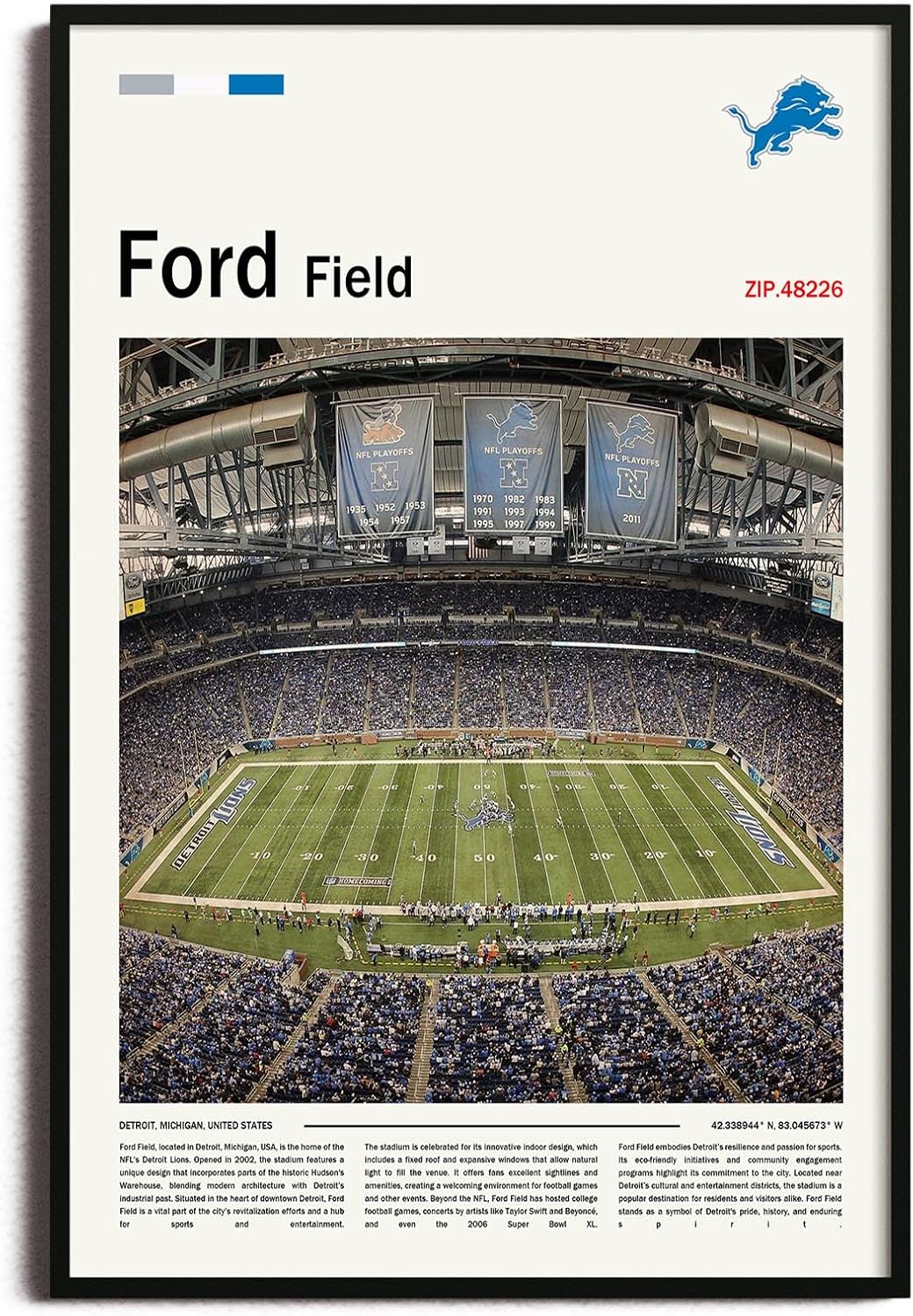 (Metal Frame 24'x36') FordField Canvas Print – Detroit Home Field Wall Art for Lions Fans, Sports poster for Game Room or Man Cave Decor