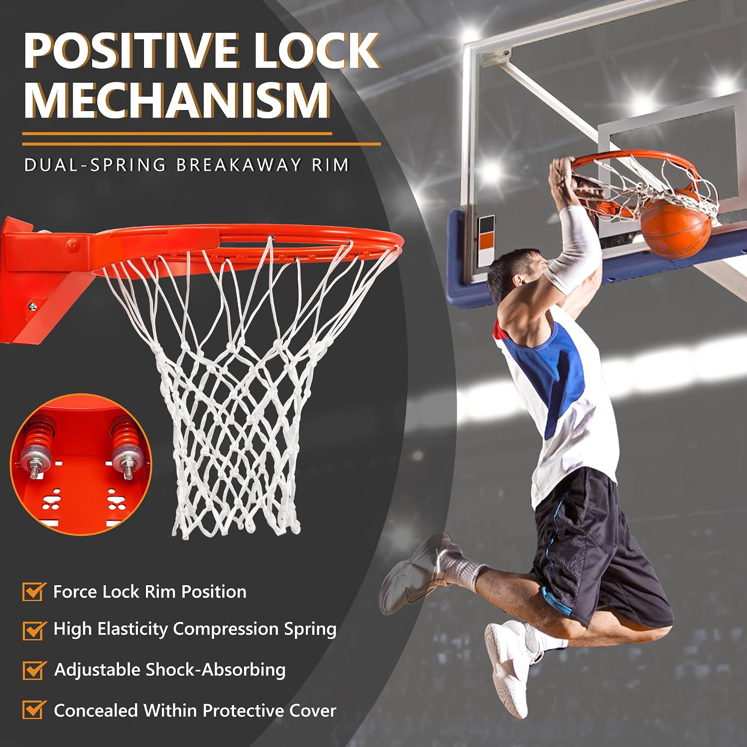 Basketball Rim, Heavy Duty Basketball Rim Replacement - Universal 18 Inch Breakaway Rim and Net,Professional Double-Spring Backboard Rims For In-Ground and Wall-Mounted Basketball Hoops Indoor Outdoor