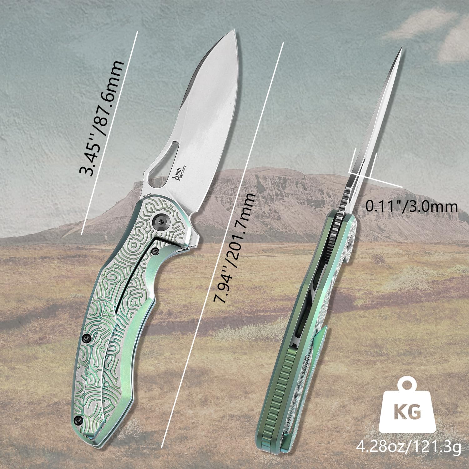 KANSEPT Echis Pocket Folding Knives for Men Women Camping Hiking Folding Knife 3.45'' Stonewashed CPM S35VN Blade Pocket Knife with Green Anodized Textured Titanium Handle Everyday Carry K1071A4