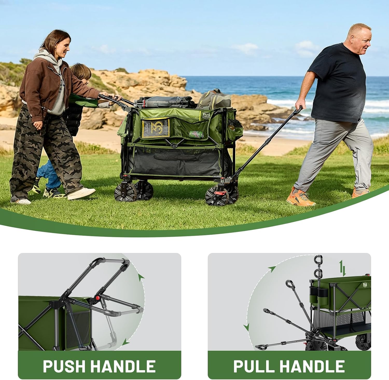 TIMBER RIDGE Push & Pull Double Decker Wagon, 400L Large Capacity Heavy Duty & 450lb Load, Collapsible Cart with All-Terrain Wheels & Brakes, 54' Extended Foldable for Sports, Beach, Camping, Green