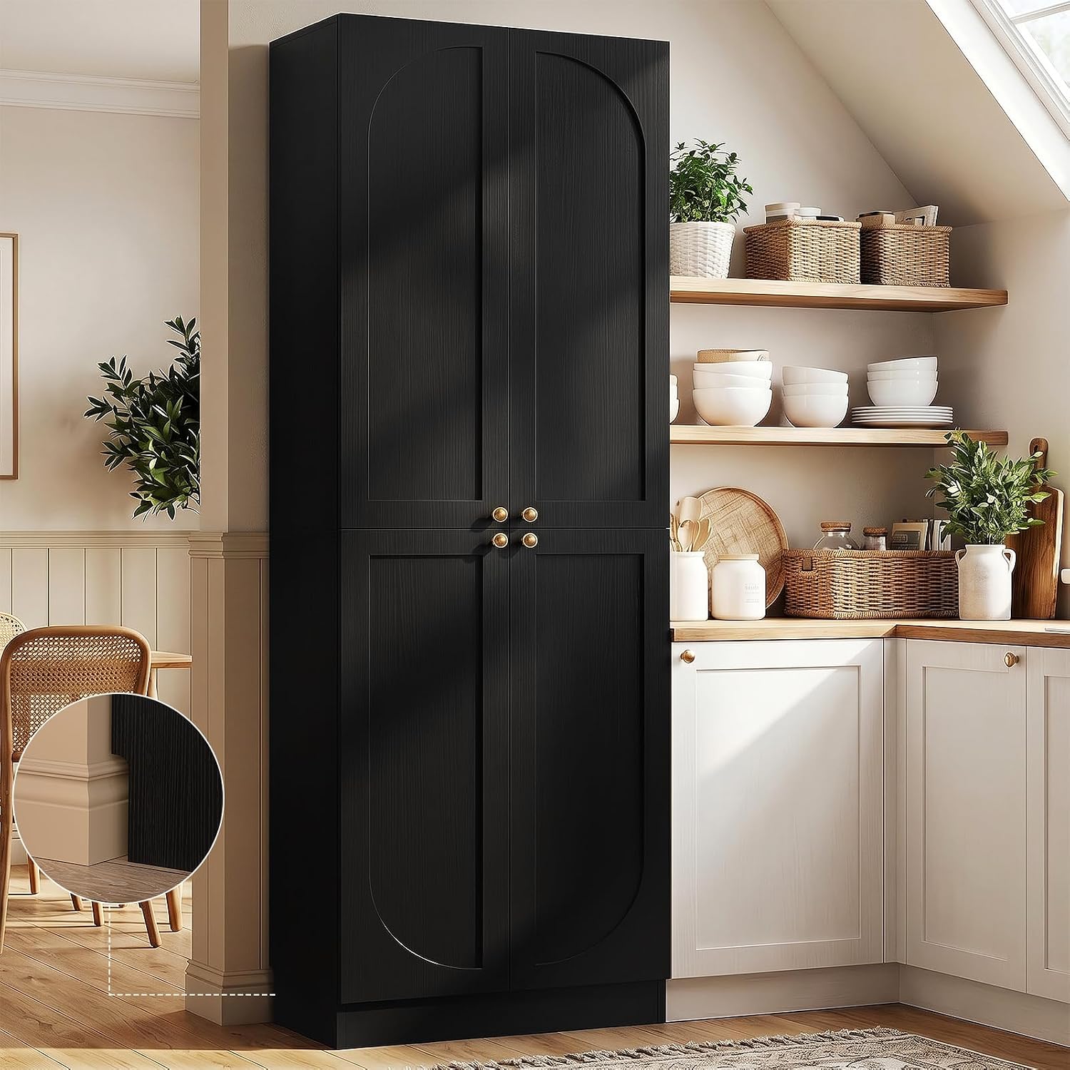 Cyclysio 80' Kitchen Pantry, Extra Tall Arch Storage Cabinet with 4 Soft Close Doors and Adjustable Shelves, Freestanding Wood Cupboard with Seamless Fit Wall for Dining Living Room (Black, 1 Pack)